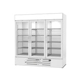 Beverage Air MMR72HC-1-W 75" three glass swing doors merchandiser refrigerator, side angle view, doors closed