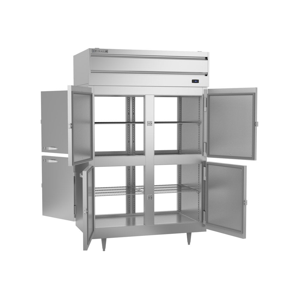 Beverage Air PRD2HC-1AHS 52-1/8" four solid doors pass-thru refrigerator, with the doors open showing the interior
