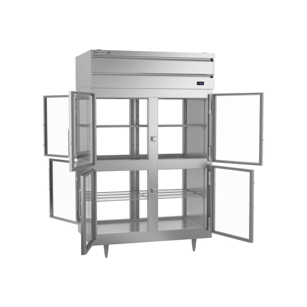Beverage Air PRD2HC-1BHG 52-1/8" four half glass doors pass-thru refrigerator, with the doors open showing the interior