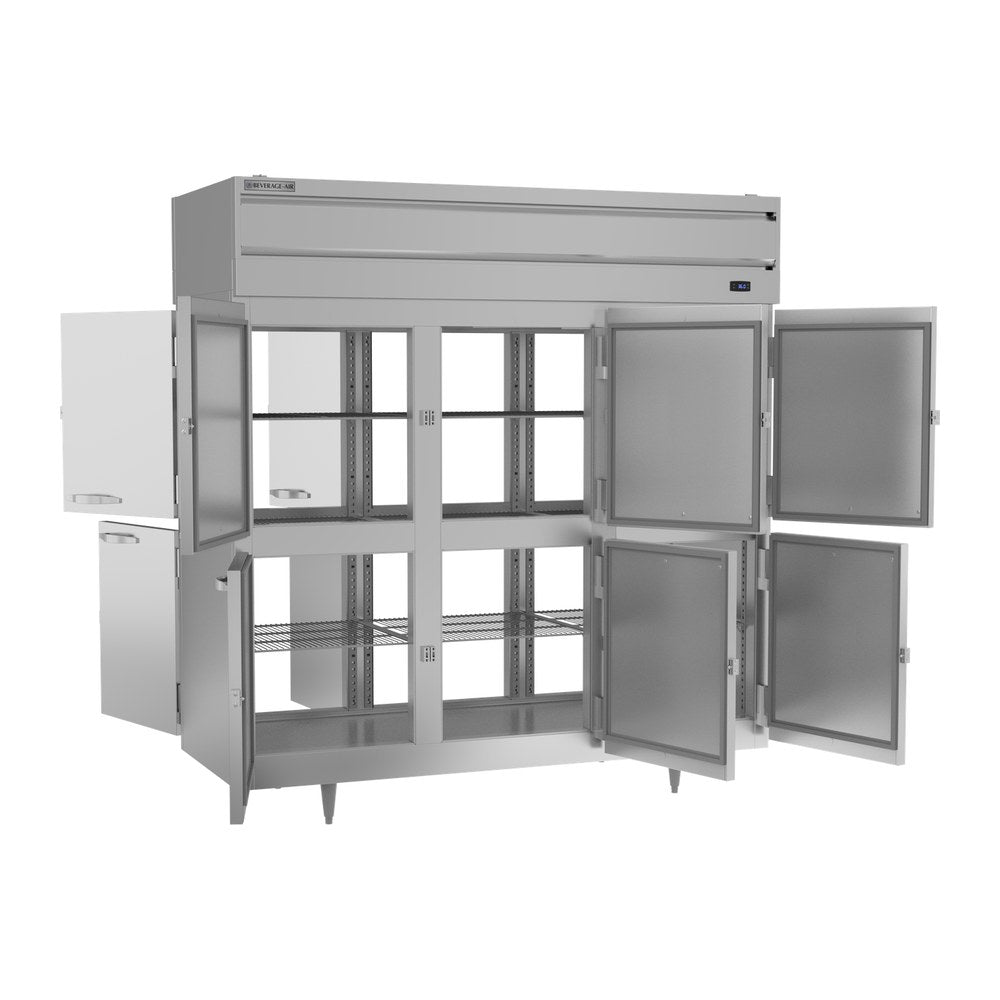 Beverage Air PRD3HC-1AHS 77-3/4" six half solid doors pass-thru refrigerator, with the doors open showing the interior