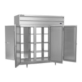 Beverage Air PRD3HC-1AS 77-3/4" three solid doors pass-thru refrigerator, with the doors open showing the interior