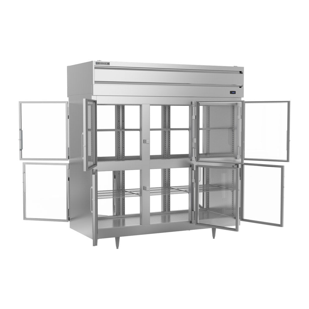 Beverage Air PRD3HC-1BHG 77-3/4" six half glass doors pass-thru refrigerator, with the doors open showing the interior