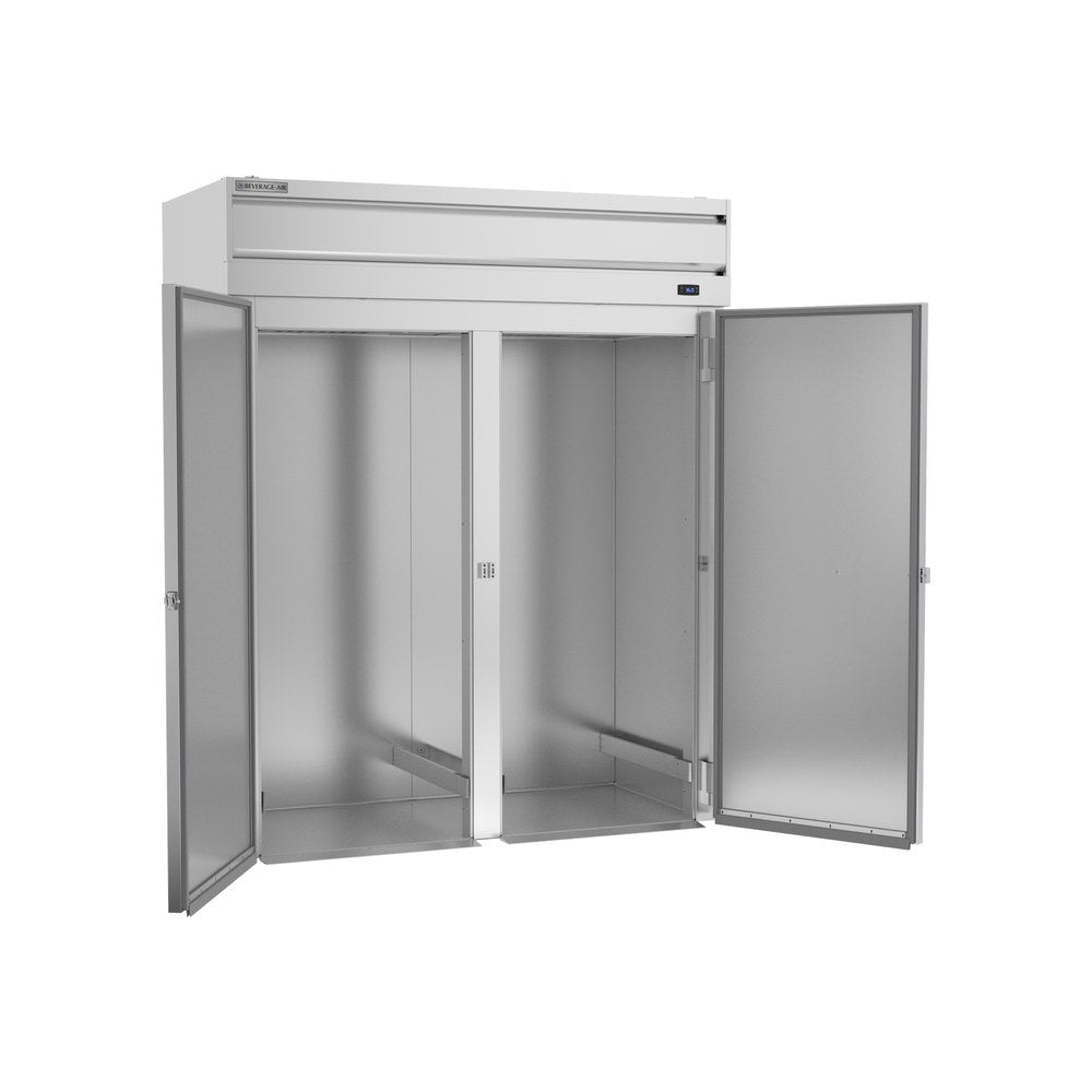 Beverage Air PRI2HC-1AS 68-7/8" two solid doors roll-in refrigerator, with the doors open showing the interior
