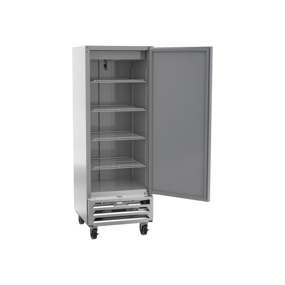 Beverage Air RB12HC-1S 24" one solid door reach-in refrigerator, with the door open showing the interior