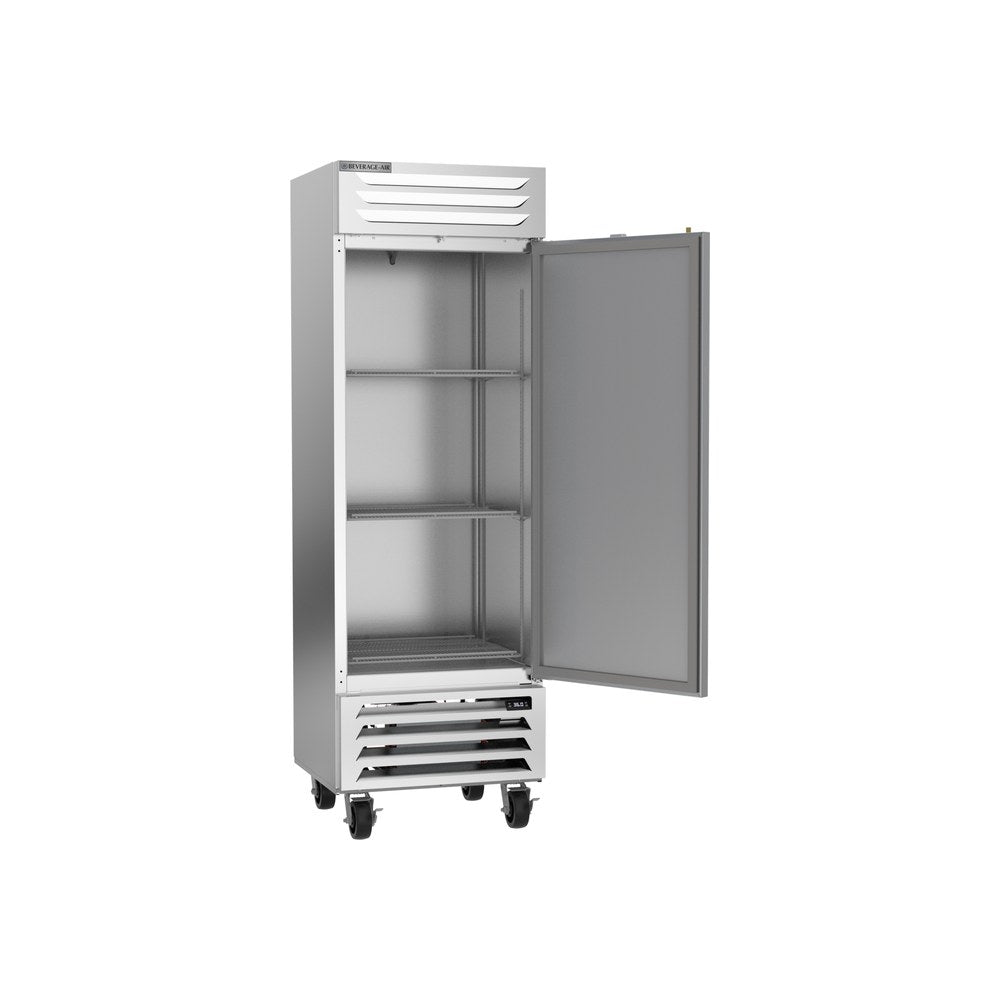 Beverage Air RB19HC-1S 27-1/4" one solid door reach-in refrigerator, with the door open showing the interior