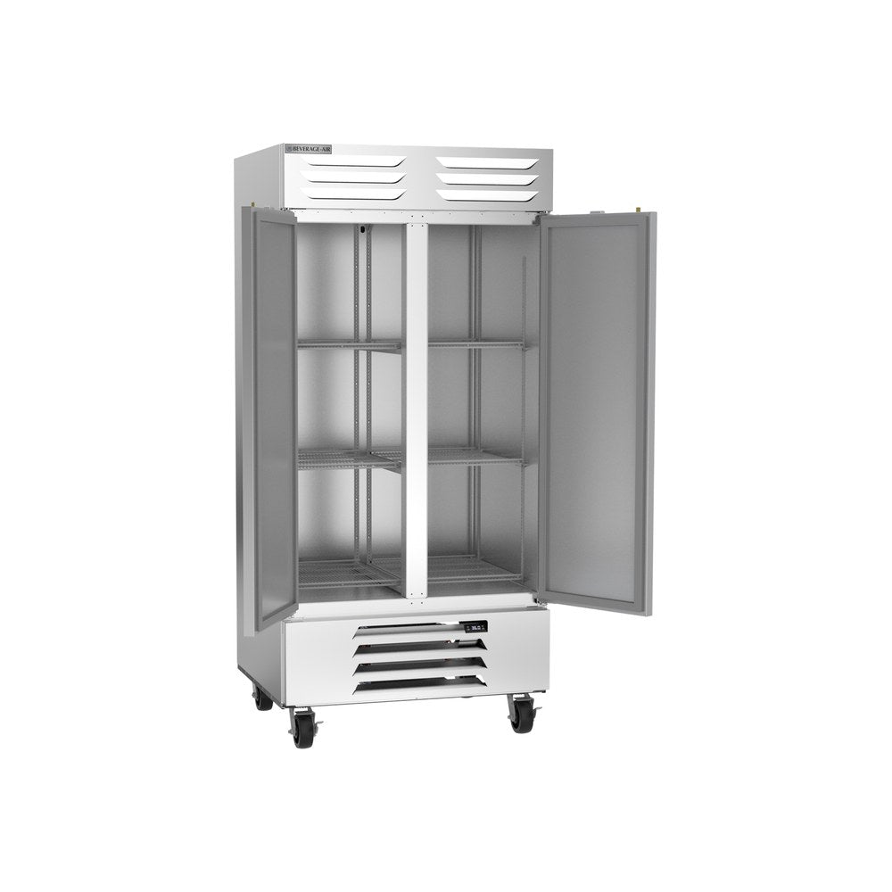 Beverage Air RB35HC-1S 39-1/2" two solid doors reach-in refrigerator, with the doors open showing the interior