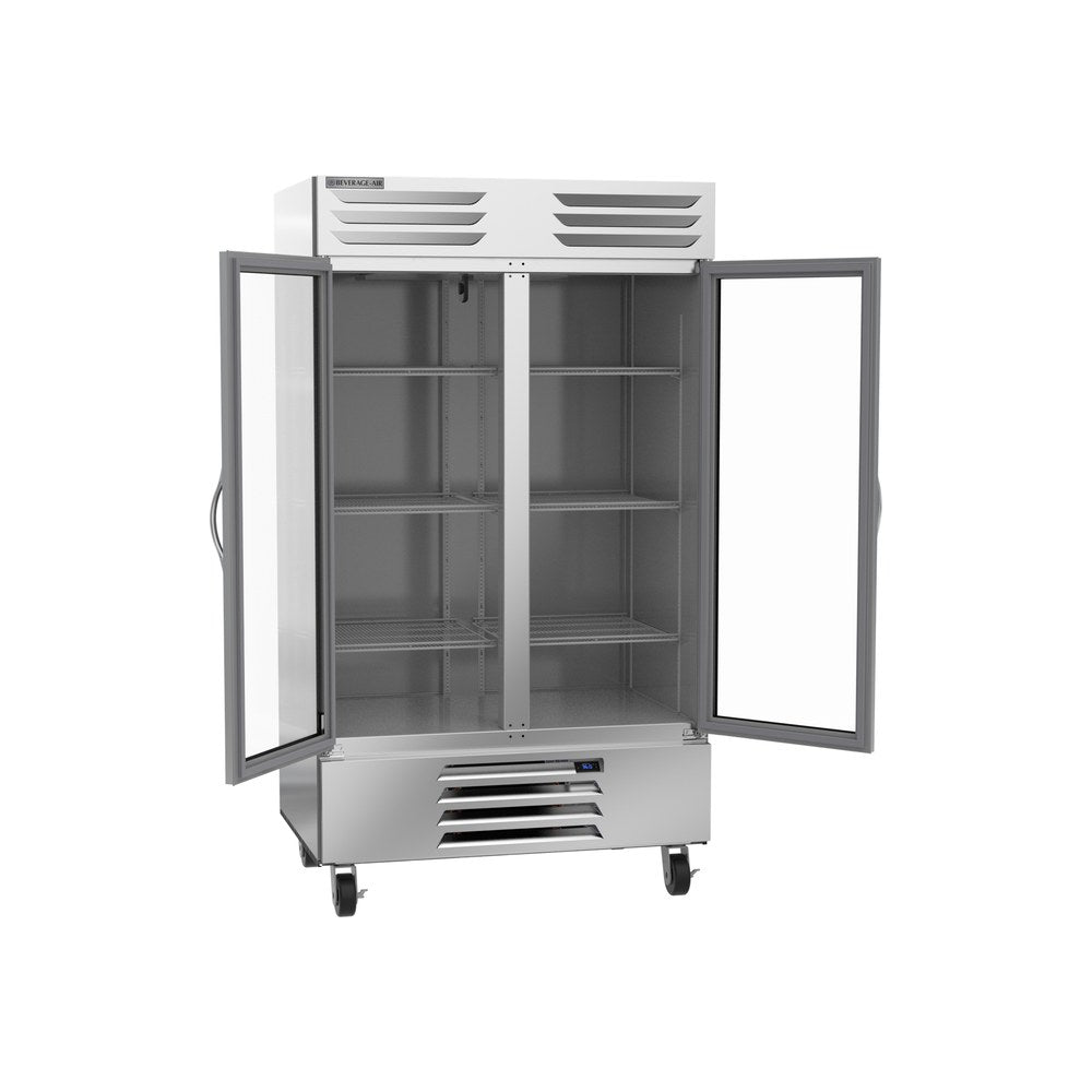 Beverage Air RB44HC-1G 47" two glass doors reach-in refrigerator, with the doors open showing the interior