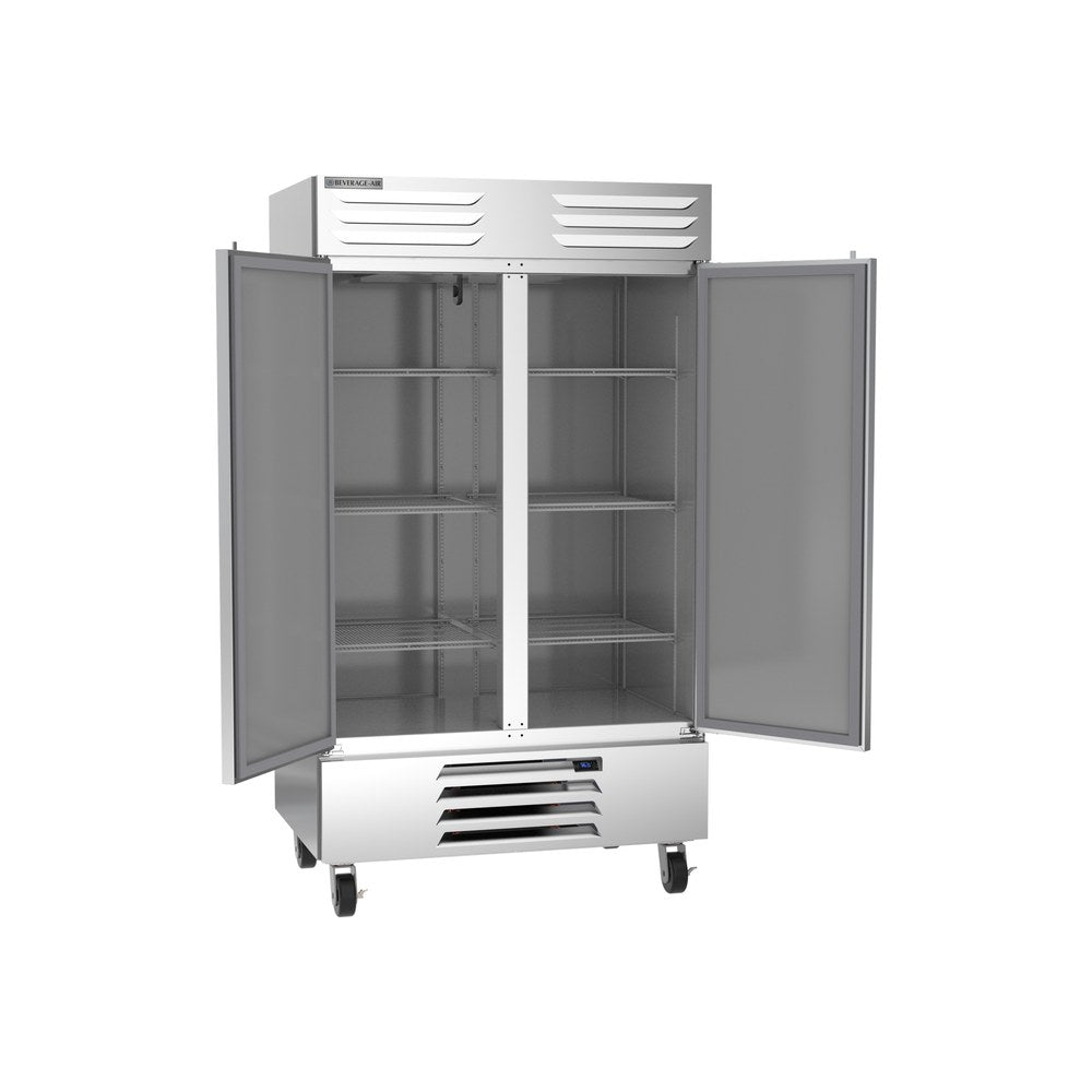 Beverage Air RB44HC-1S 47" two solid doors reach-in refrigerator, with the doors open showing the interior