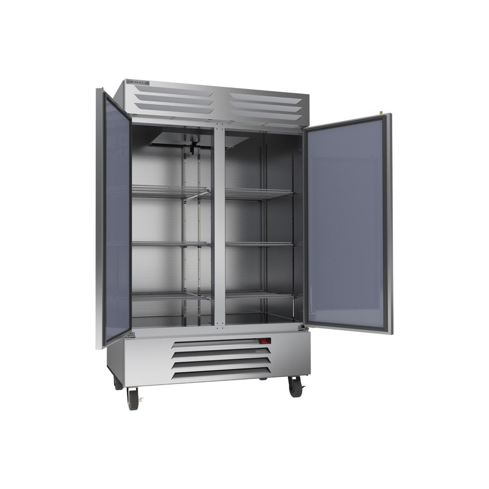 Beverage Air RB49HC-1S 52" two solid doors reach-in refrigerator, with the doors open showing the interior