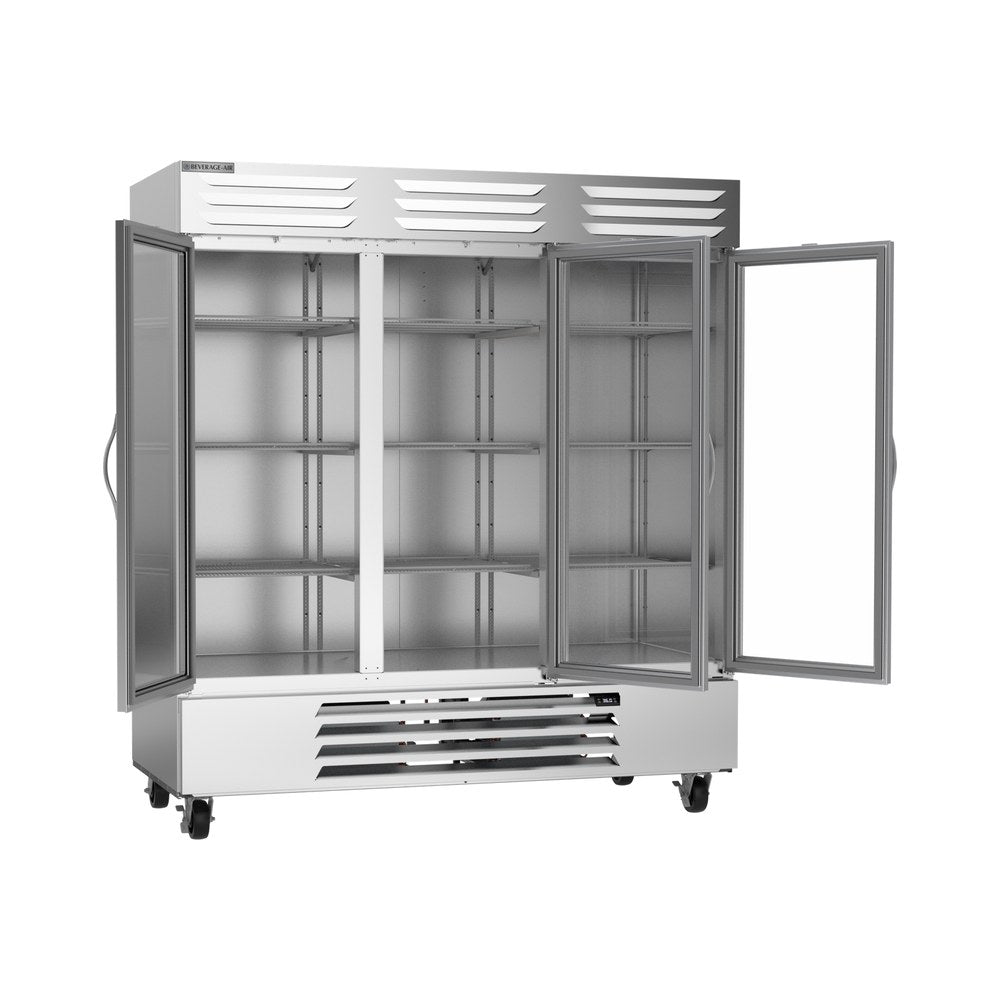 Beverage Air RB72HC-1G 75" three glass doors reach-in refrigerator, with the doors open showing the interior