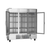 Beverage Air RB72HC-1G 75" three glass doors reach-in refrigerator, with the doors open showing the interior