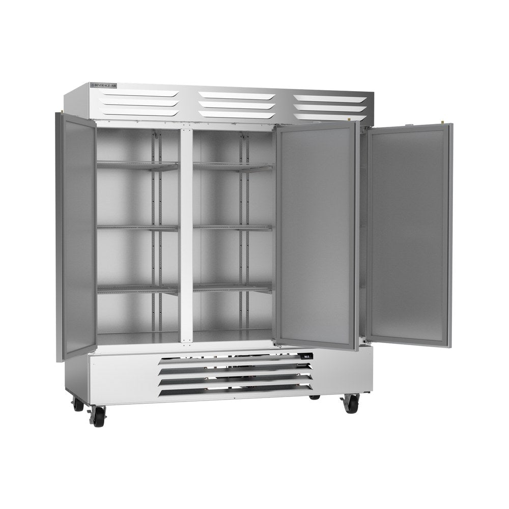 Beverage Air RB72HC-1S 75" three solid doors reach-in refrigerator, with the doors open showing the interior