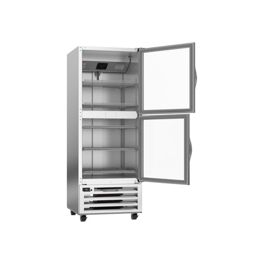 Beverage Air RI18HC-HG 27-1/4" two half glass doors reach-in refrigerator, with the doors open showing the interior