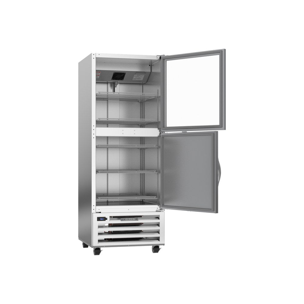 Beverage Air RI18HC-HGS 27-1/4" two half doors reach-in refrigerator, with the doors open showing the interior