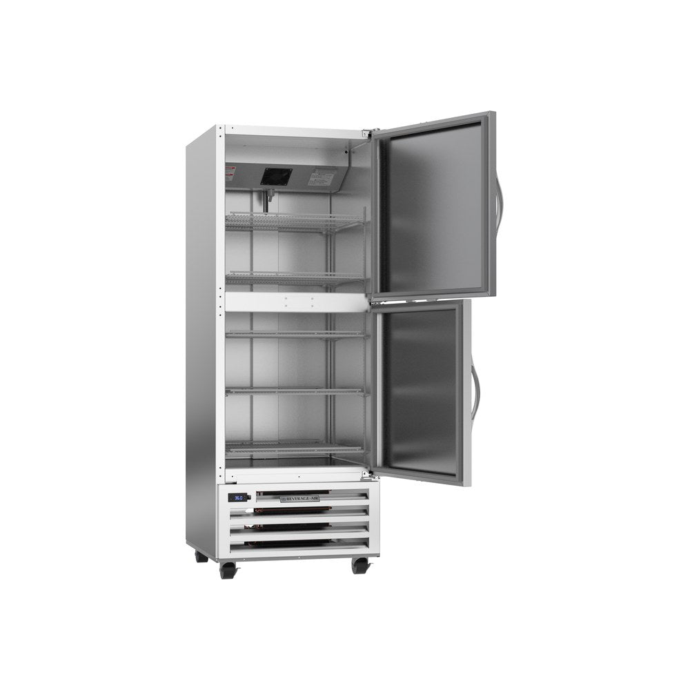 Beverage Air RI18HC-HS 27-1/4" two half solid doors reach-in refrigerator, with the doors open showing the interior