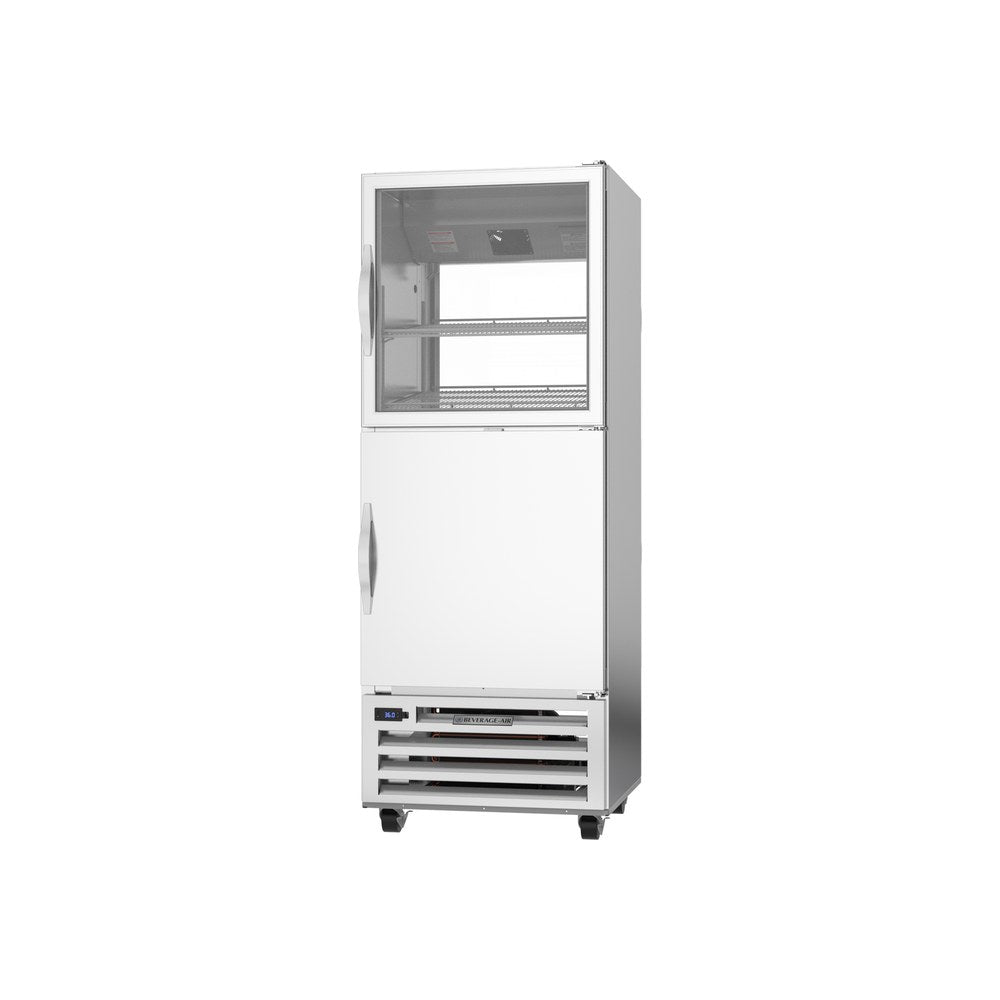 Beverage Air RID18HC-HGS 27-1/4" one half glass door and one half solid door pass-thru refrigerator, side angle view, doors closed