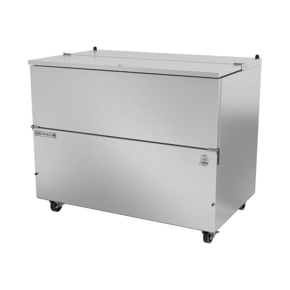 Beverage Air SM49HC-S 49" one door milk cooler, side angle view, door closed