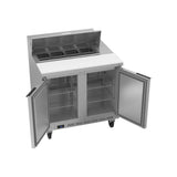 Beverage Air SPE36HC-08 36" two doors sandwich prep table, with the doors open showing the interior