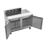 Beverage Air SPE48HC-08 48" two doors sandwich prep table, with the doors open showing the interior