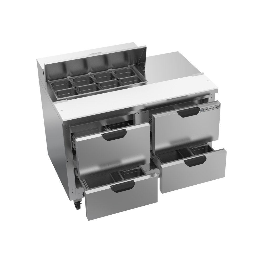 Beverage Air SPED48HC-08-4 48" four drawers sandwich prep table, with the door open showing the interior