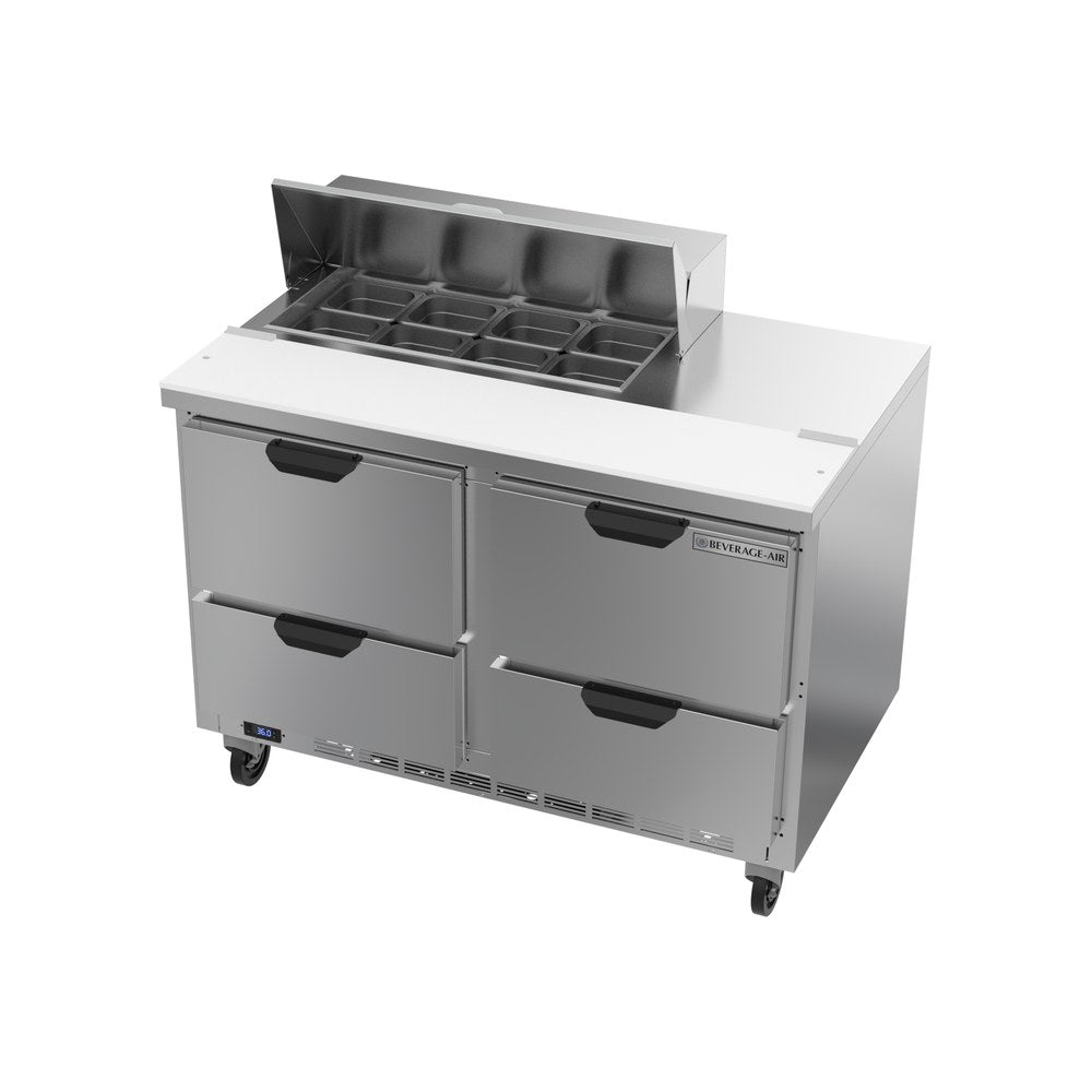 Beverage Air SPED48HC-08-4 48" four drawers sandwich prep table, side angle view, door closed