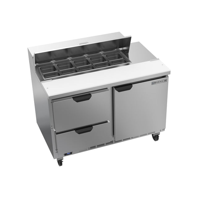 Beverage Air SPED48HC-10-2 48" one door and two drawers sandwich prep table, front view, door closed
