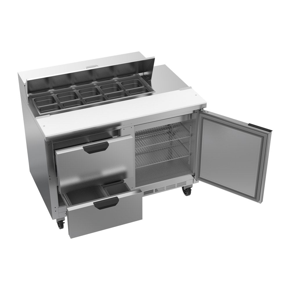 Beverage Air SPED48HC-10-2 48" one door and two drawers sandwich prep table, with the door open showing the interior