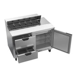 Beverage Air SPED48HC-10-2 48" one door and two drawers sandwich prep table, with the door open showing the interior