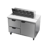 Beverage Air SPED48HC-10-2 48" one door and two drawers sandwich prep table, side angle view, door closed