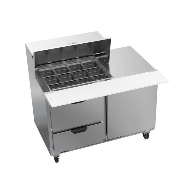Beverage Air SPED48HC-12M-2 48" one door and two drawers sandwich prep table, front view, door closed