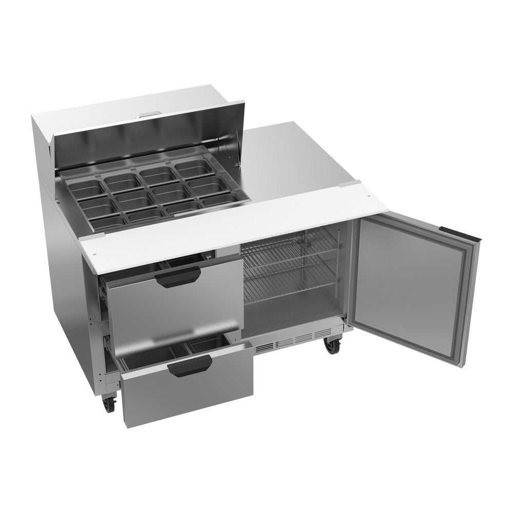 Beverage Air SPED48HC-12M-2 48" one door and two drawers sandwich prep table, with the door open showing the interior