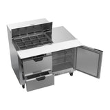 Beverage Air SPED48HC-12M-2 48" one door and two drawers sandwich prep table, with the door open showing the interior