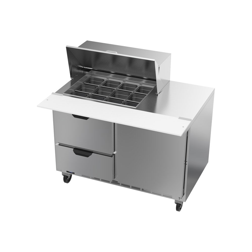 Beverage Air SPED48HC-12M-2 48" one door and two drawers sandwich prep table, side angle view, door closed