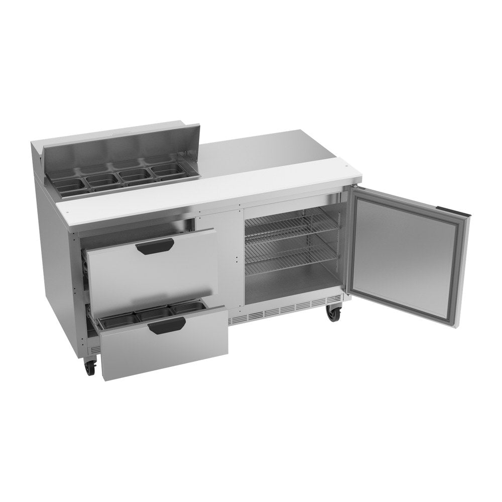Beverage Air SPED60HC-08-2 60" one door and two drawers sandwich prep table, with the door open showing the interior