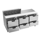 Beverage Air SPED72HC-10-6 72" six drawers sandwich prep table, with the door open showing the interior