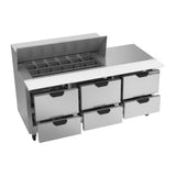 Beverage Air SPED72HC-18M-6 72" six drawers sandwich prep table, with the door open showing the interior