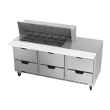 Beverage Air SPED72HC-18M-6 72" six drawers sandwich prep table, side angle view, door closed