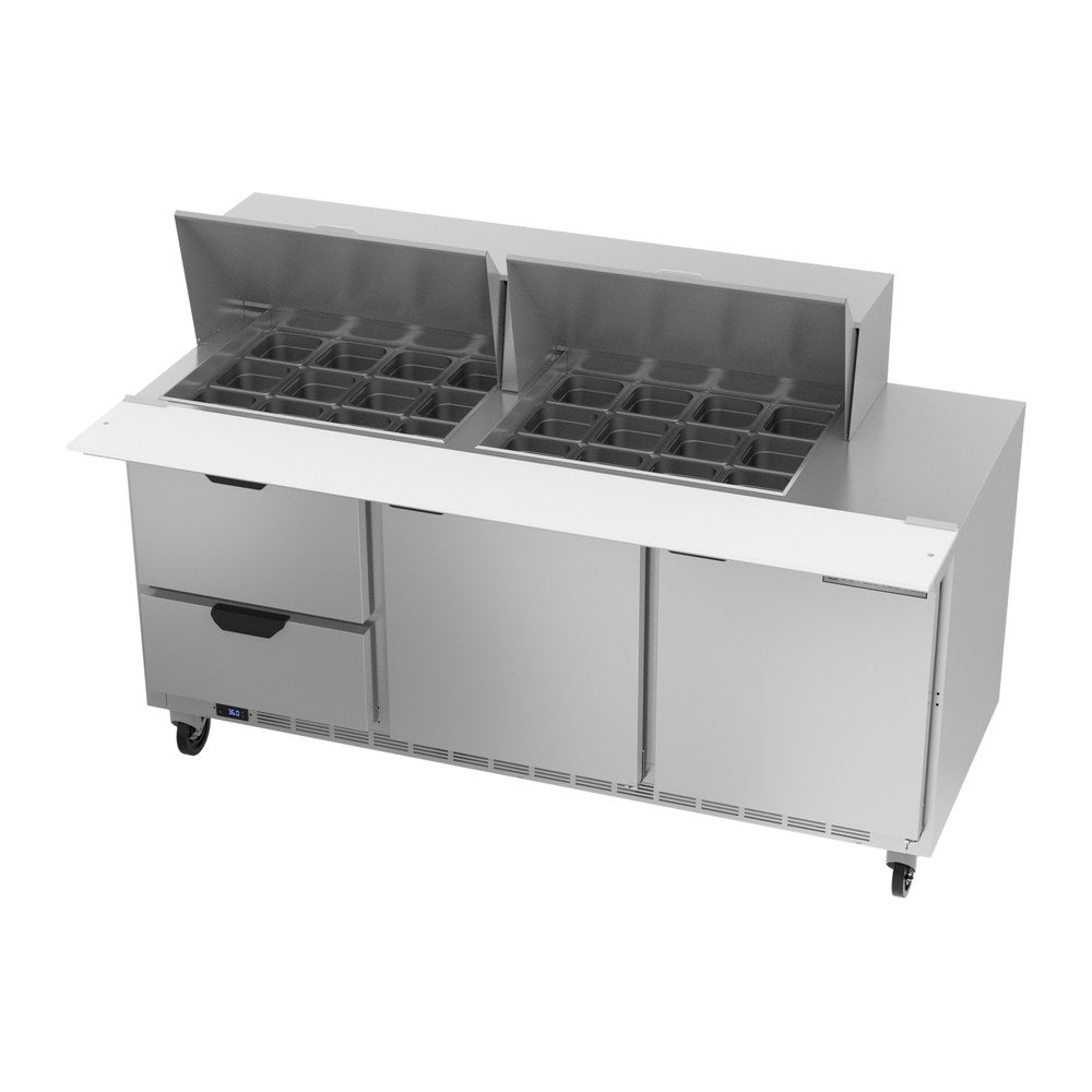 Beverage Air SPED72HC-24M-2 72" two doors and two drawers sandwich prep table, side angle view, doors closed