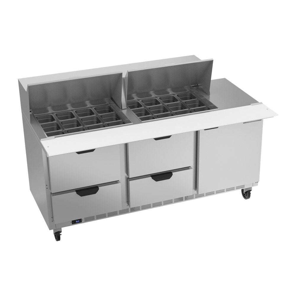 Beverage Air SPED72HC-24M-4 72" one door and four drawers sandwich prep table, front view, door closed