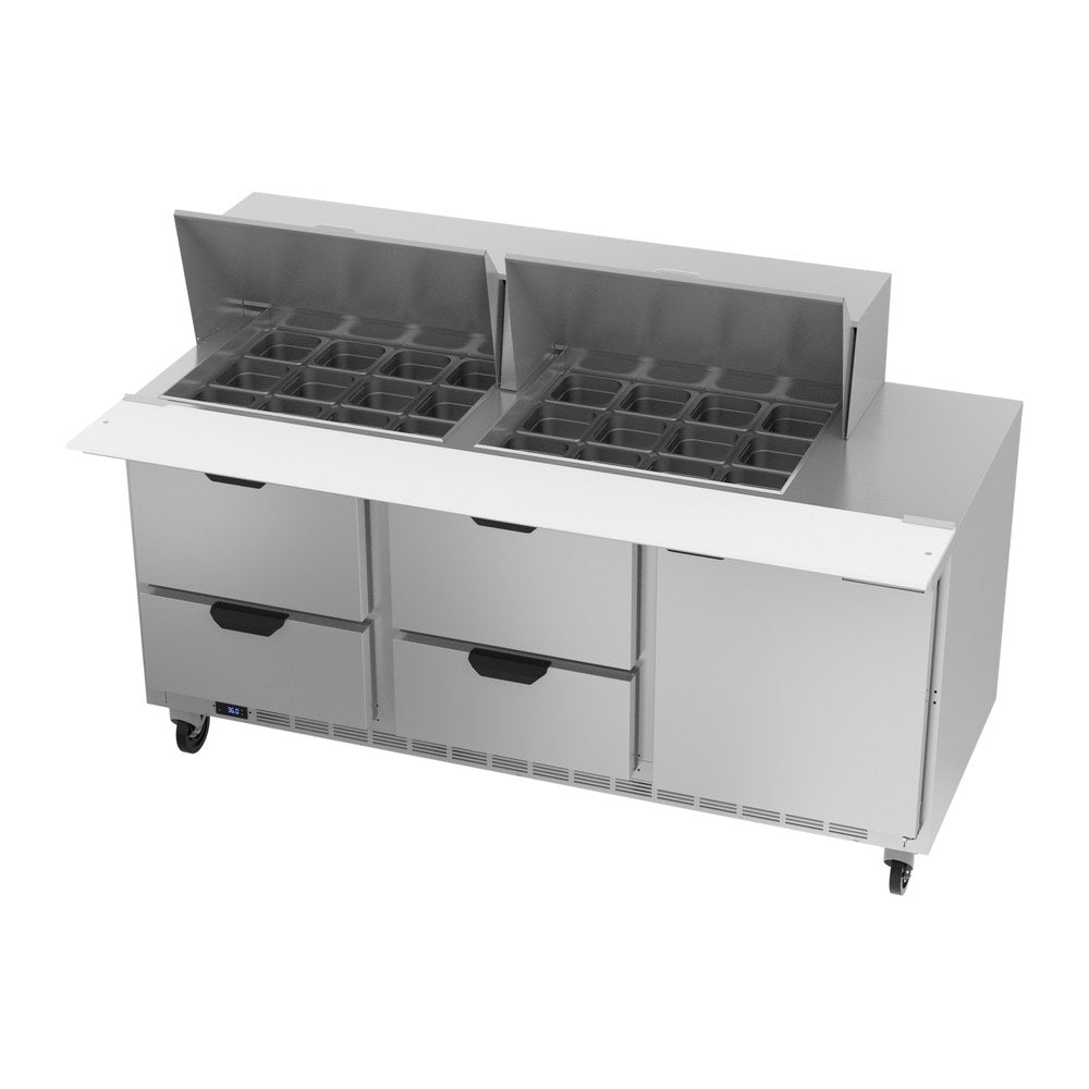 Beverage Air SPED72HC-24M-4 72" one door and four drawers sandwich prep table, side angle view, door closed