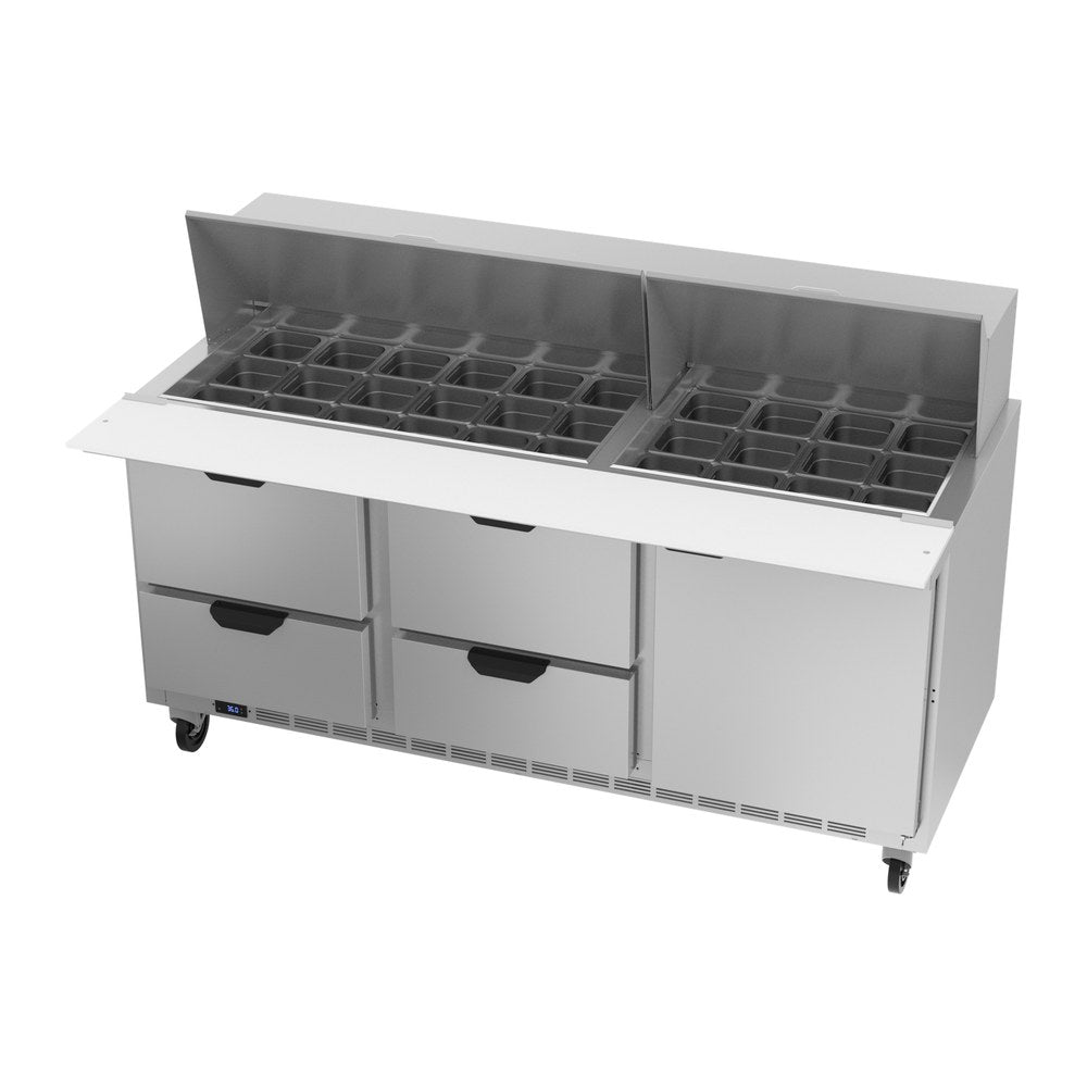 Beverage Air SPED72HC-30M-4 72" one door and four drawers sandwich prep table, side angle view, door closed