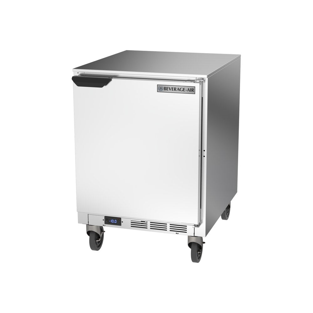 Beverage Air UCF24AHC 24" one solid door undercounter freezer, side angle view, door closed