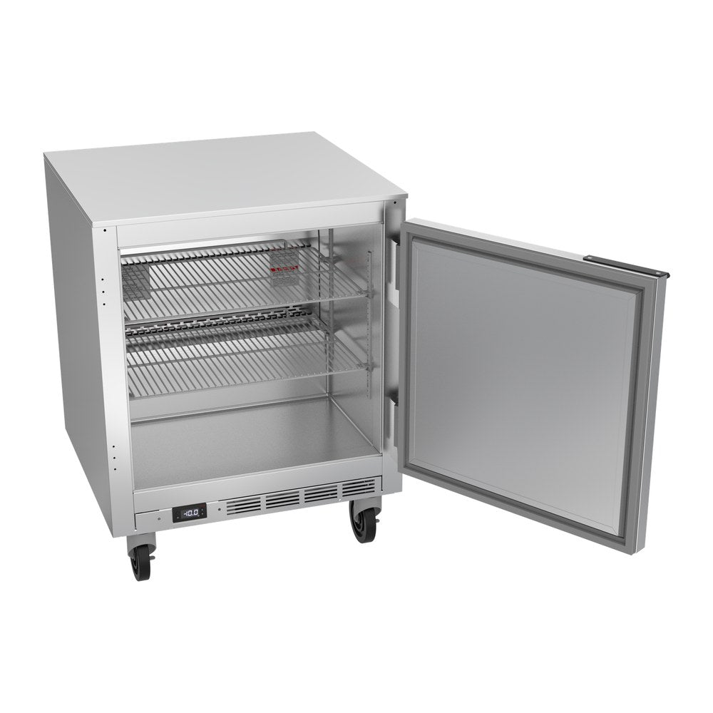 Beverage Air UCF27HC 27" one solid door undercounter freezer, with the door open showing the interior