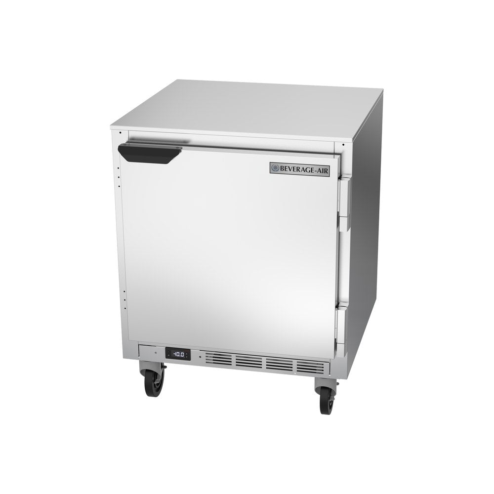Beverage Air UCF27HC 27" one solid door undercounter freezer, side angle view, door closed
