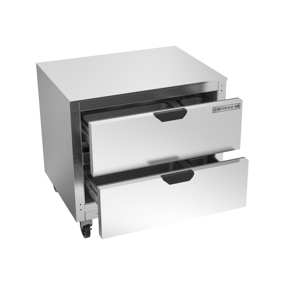 Beverage Air UCFD36AHC-2 36" two drawers undercounter freezer, with the door open showing the interior