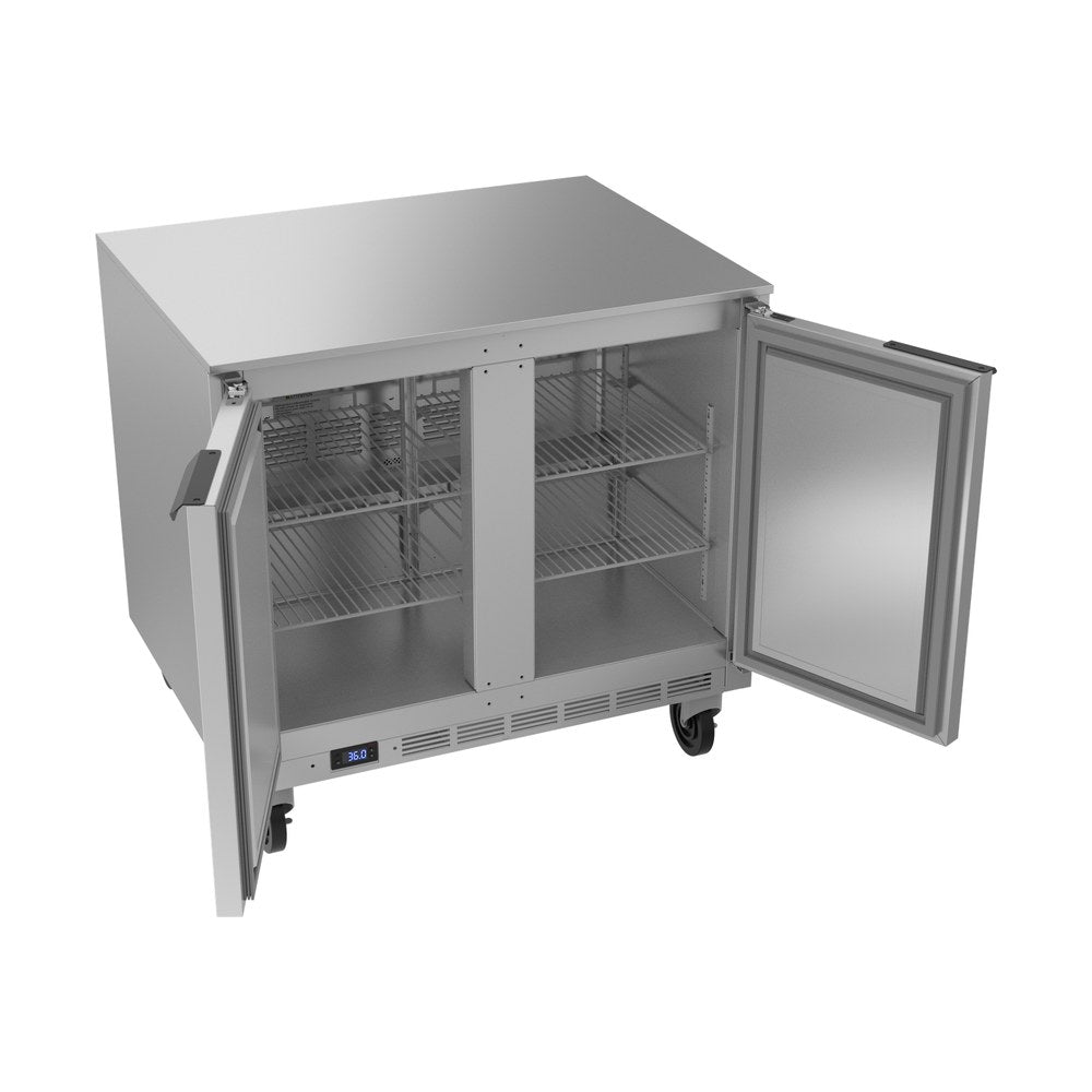 Beverage Air UCR36AHC 36" two solid doors undercounter refrigerator, with the doors open showing the interior