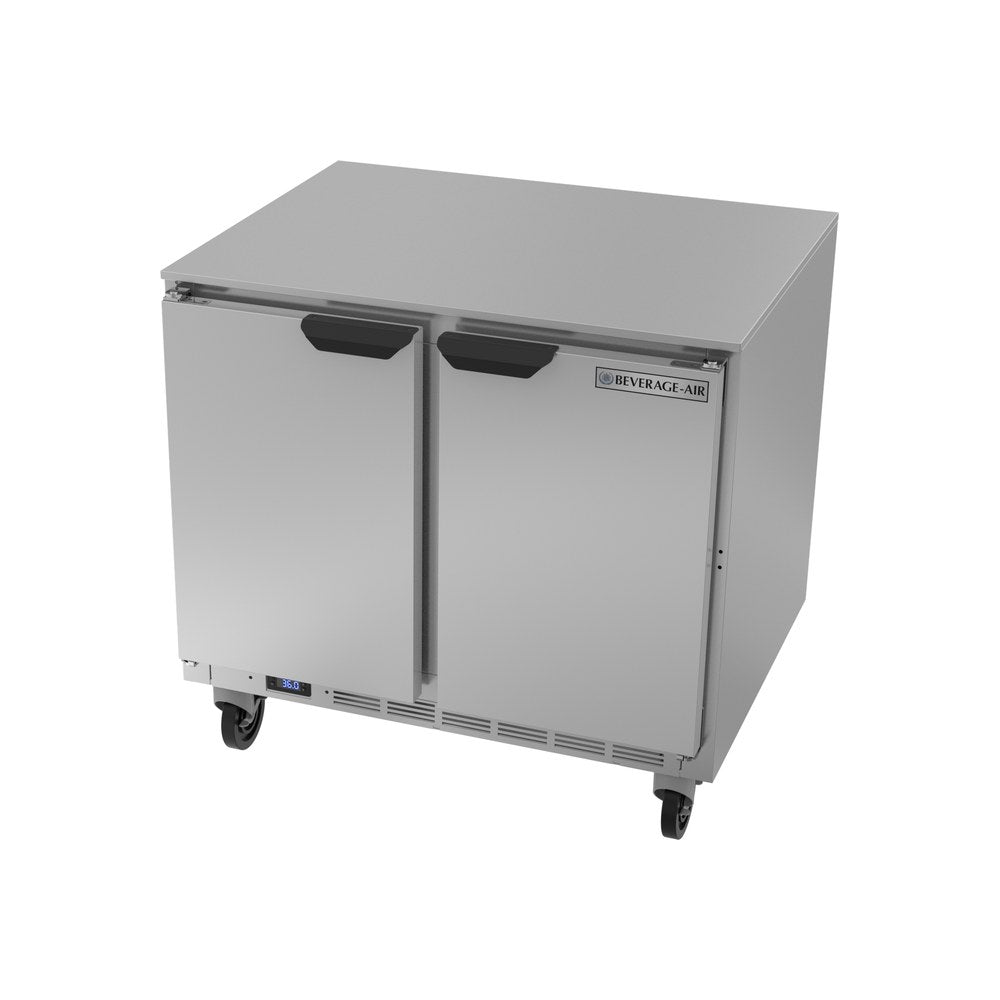 Beverage Air UCR36AHC 36" two solid doors undercounter refrigerator, side angle view, doors closed