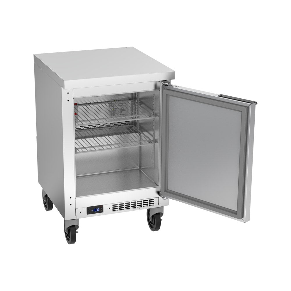 Beverage Air WTF20HC-FLT 20" one solid door worktop freezer, with the door open showing the interior
