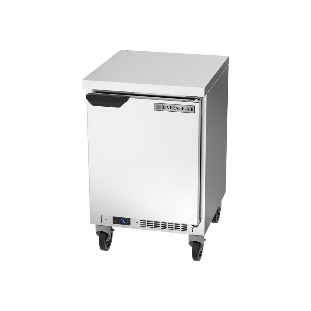 Beverage Air WTF20HC-FLT 20" one solid door worktop freezer, side angle view, door closed