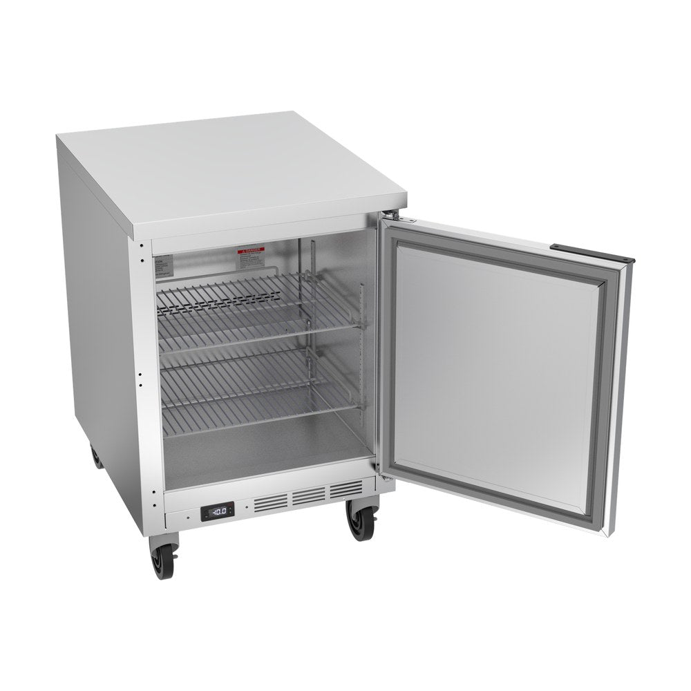 Beverage Air WTF24AHC-FLT 24" one solid door worktop freezer, with the door open showing the interior